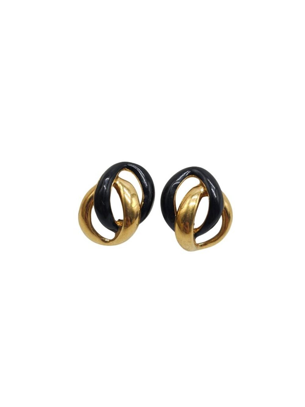 Vintage Napier Black Enamel Gold-Tone Knot Clip-On Earrings 1 Inch